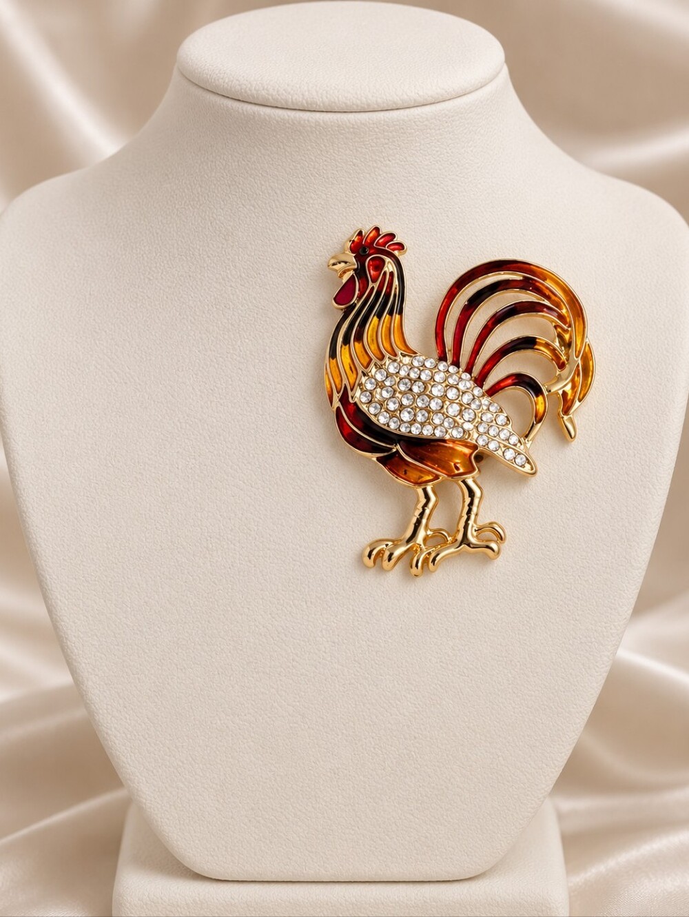Retro-Revival Country Chic Enamel Rooster Brooch with Rhinestones